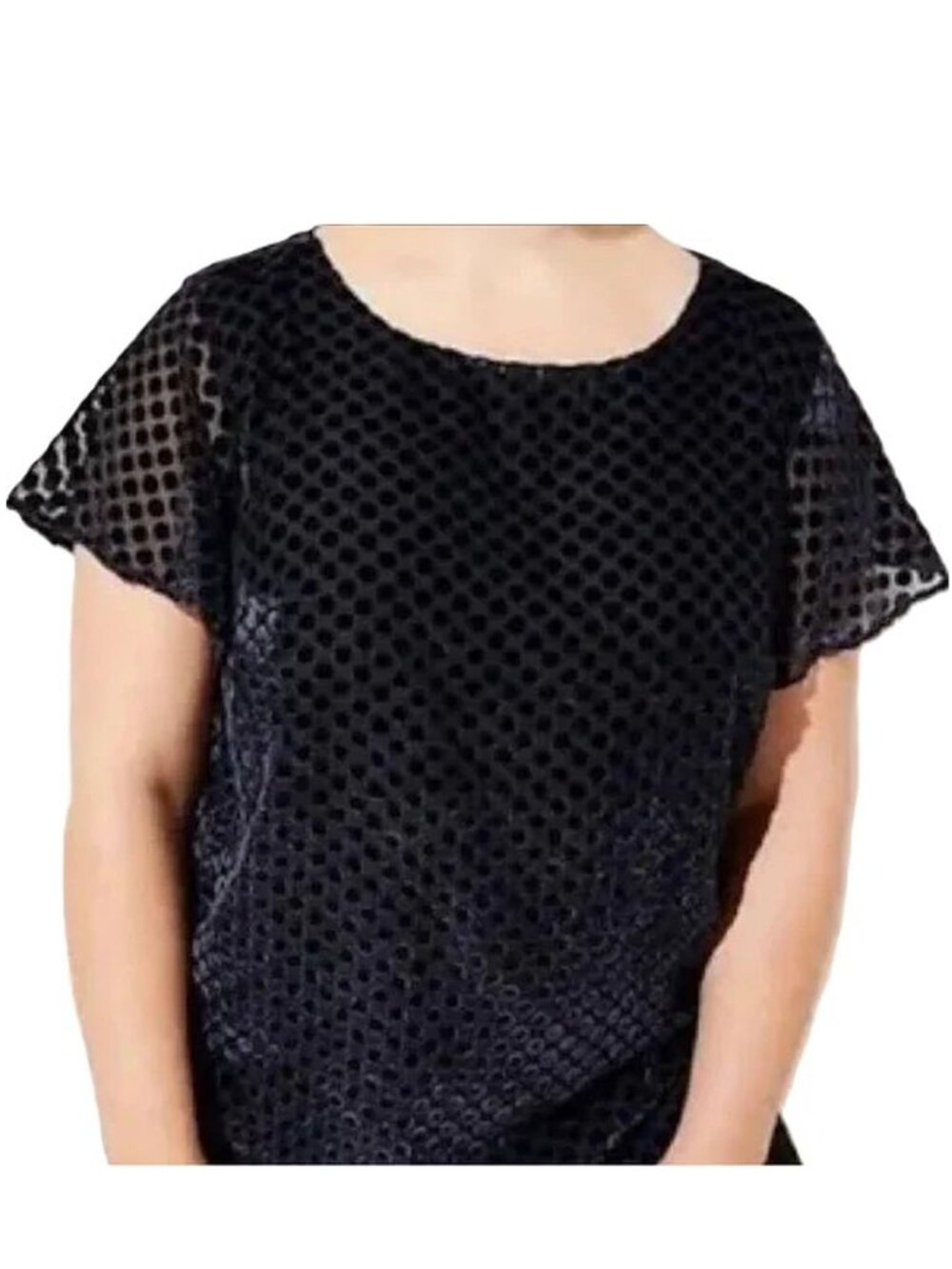 UEC Women's SS Blue LOFT Lined Semi Sheer Textured Velvet Dot Tunic